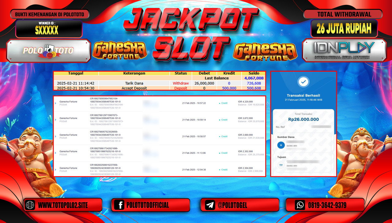 POLOTOTO JACKPOT SLOT GANESHA FORTUNE Rp.26.000.000,-