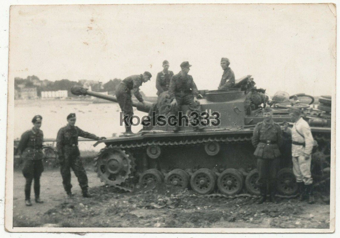 Foto Panzermänner mit Flecktarn Panzerkombis mit Sturmgeschütz am Atlantik ... !
