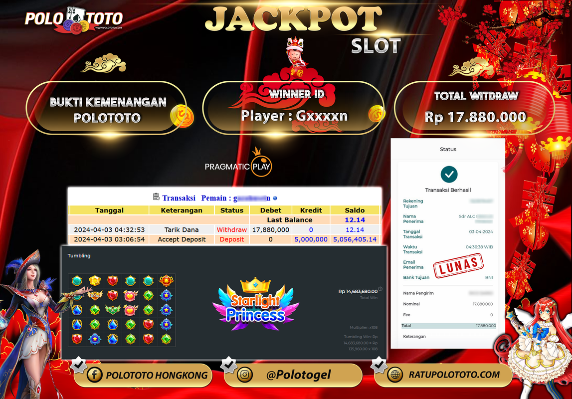 POLOTOTO JACKPOT SLOT STARLIGHT PRINCESS Rp. 17.880.000,- LUNAS