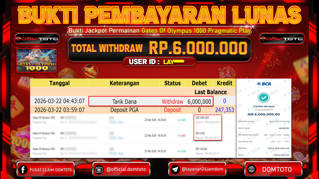 JACKPOT SLOT Gates Of Olympus 1000 Pragmatic Play 22 MARET 2026 