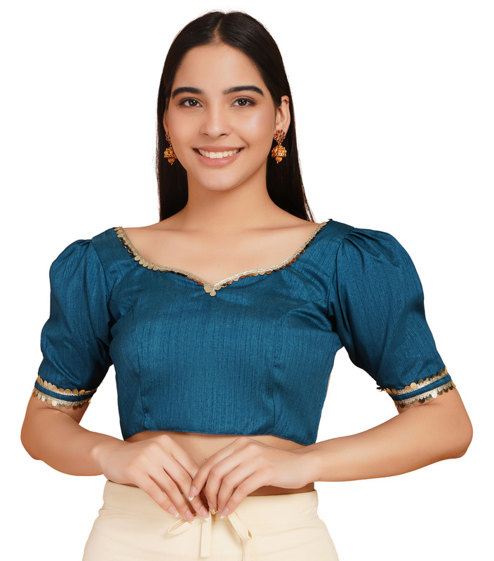 Dupion Silk Readymade Puff Sleeve Blouse Lace Work Bollywood Crop Top Wear