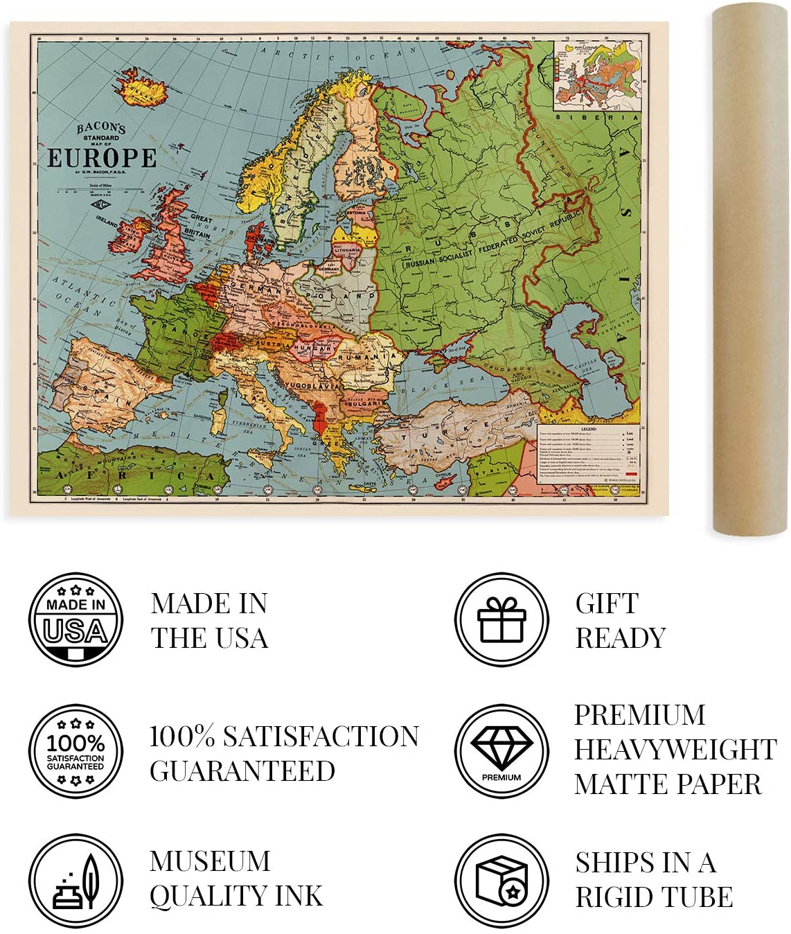 1925 Map of Europe Poster - Vintage Standard Map of Europ Wall Art Decor Print - Picture 14 of 24