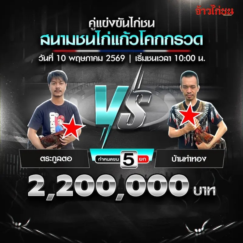 โปรแกรมไก่ชน สนามชนไก่แก้วโคกกรวด 10 พฤษภาคม 2569 ตระกูลตอ vs บ้านทำทอง