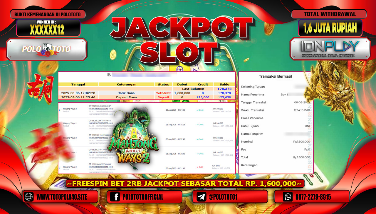 POLOTOTO JACKPOT SLOT MAHJONG WAYS 2 Rp.1.600.000,-LUNAS