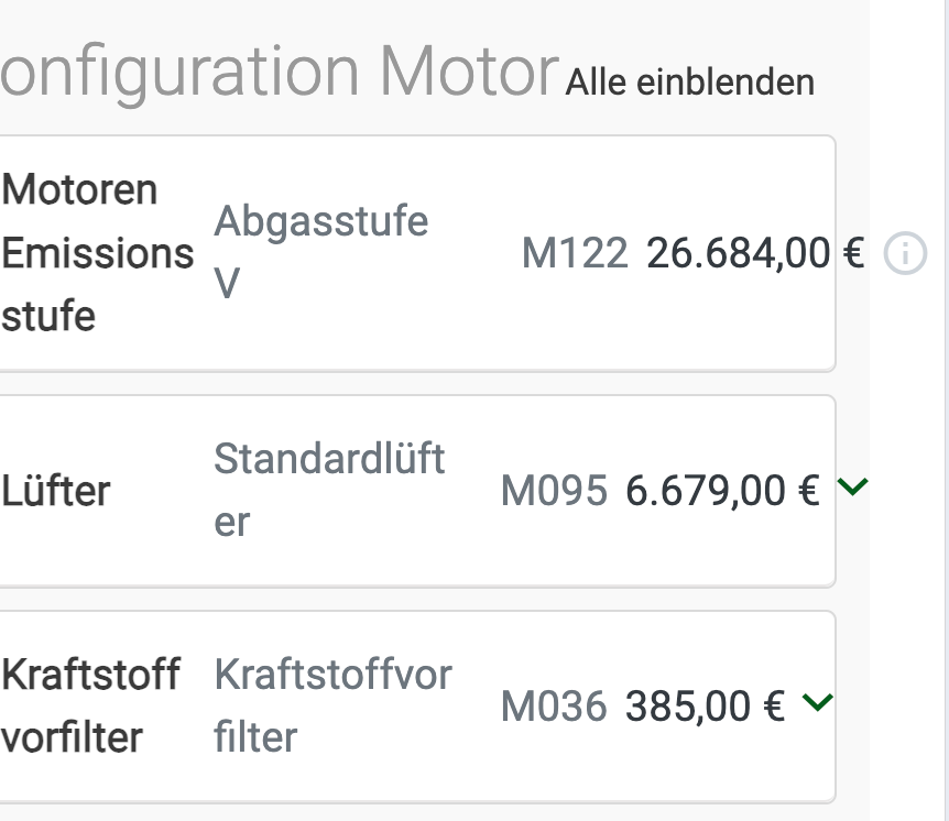 Mehrere Optionen sind im Konfigurator auswählbar (Mobile View). Die Zeilenumbrüche, Abstände und Lesbarkeit stimmen aber nicht. Außerdem muss die Seite horizontal gescrollt werden, um alles zu sehen.
