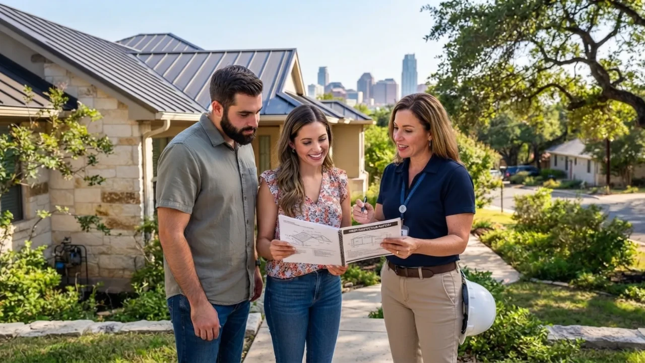 San Antonio homebuyers reviewing metal roof inspection report