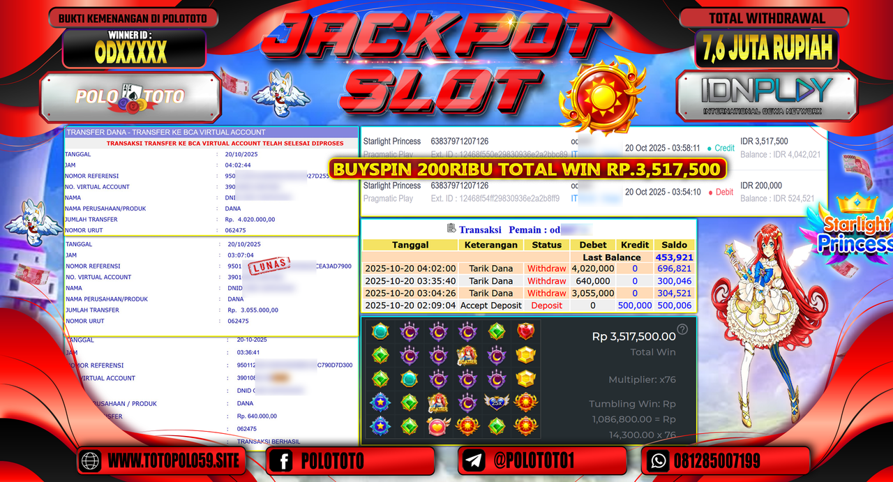 POLOTOTO JACKPOT SLOT STARLIGHT PRINCESS Rp.7.600.000,- LUNAS