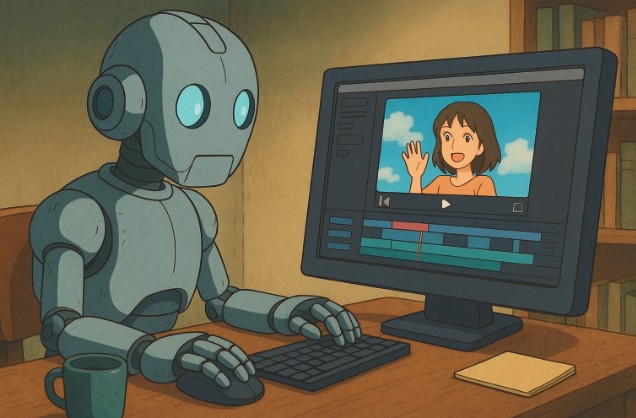 AI robot editing Instagram Reels video on computer in office