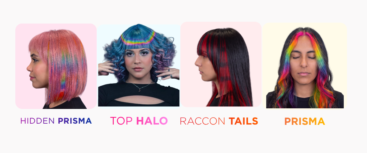 Ejemplos de patrones de color: Hidden Prisma, Top Halo, Raccon Tails y Prisma
