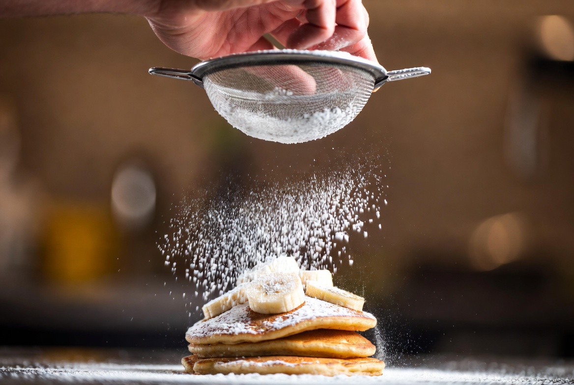 Banana pancakes without eggs topped with maple syrup, fresh berries, whipped cream, and nuts