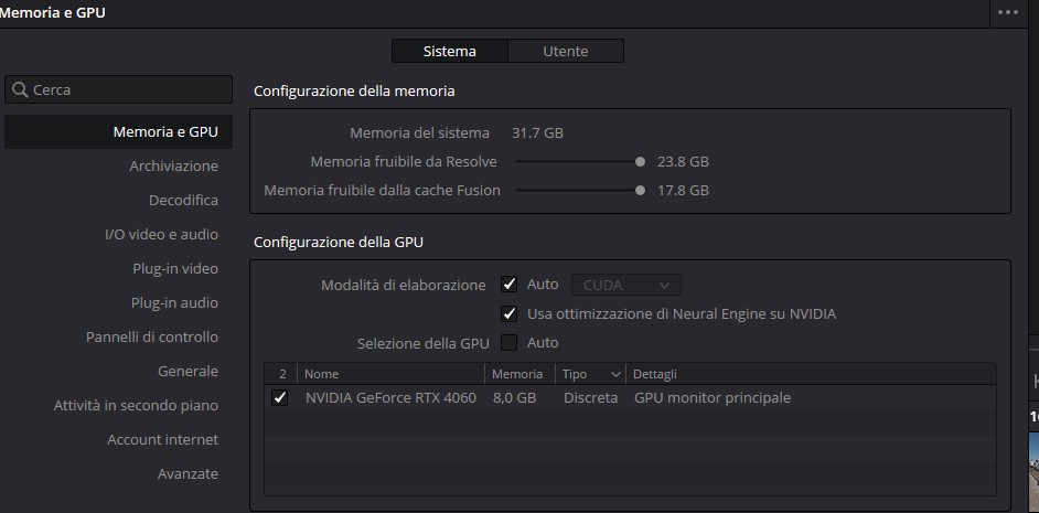 Preferenze DaVinci Resolve 1