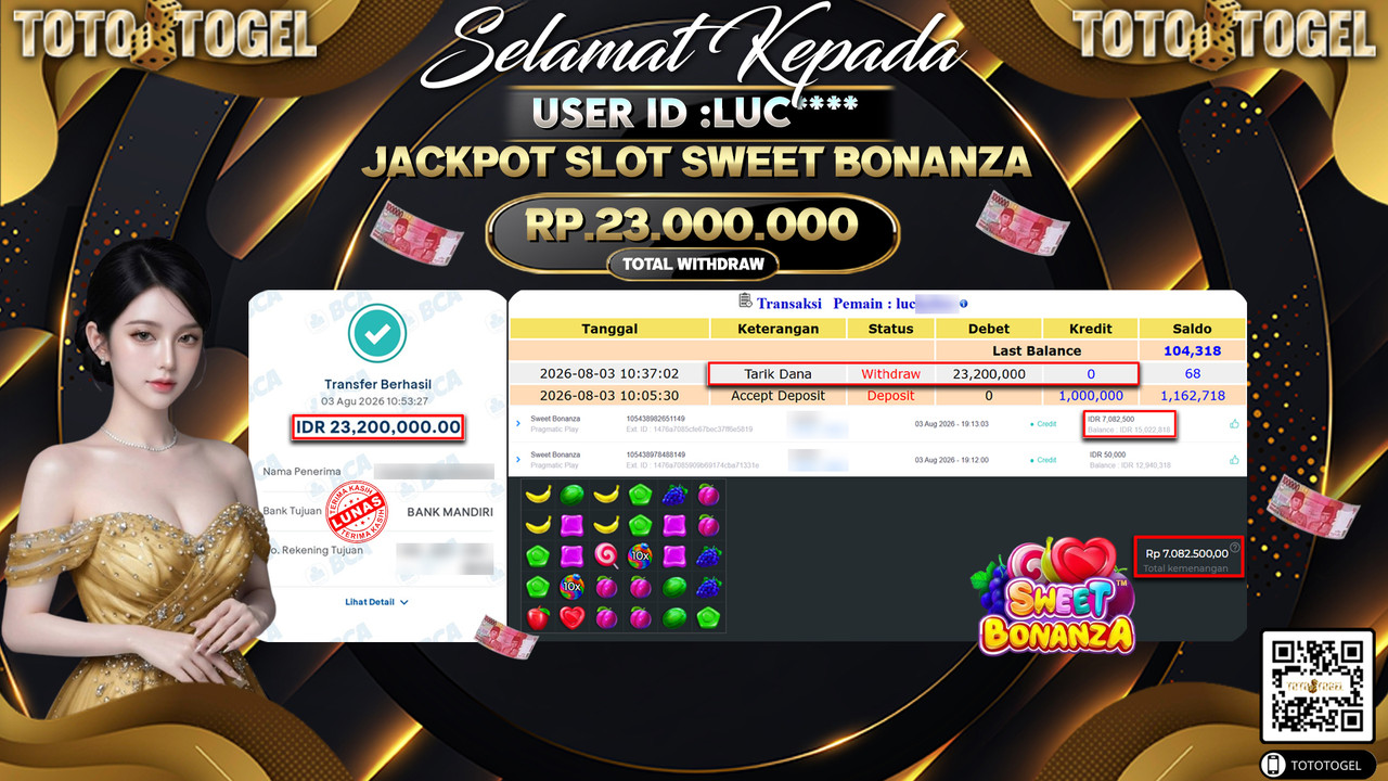 Bukti Pembayaran Jackpot SLOT SWEET BONANZA ID:LUC**** LUNAS