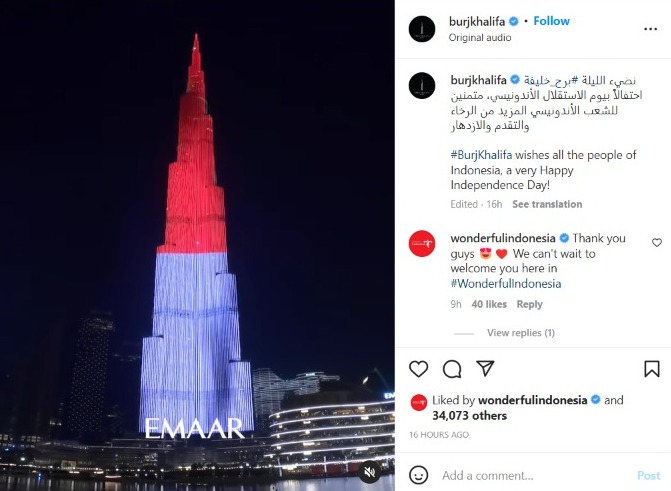 Gedung tertinggi di dunia, Burj Khalifa di Dubai gelar lighshow merah putih untuk meriakah perayaan HUT ke-77 RI pada Rabu (17/8/2022).