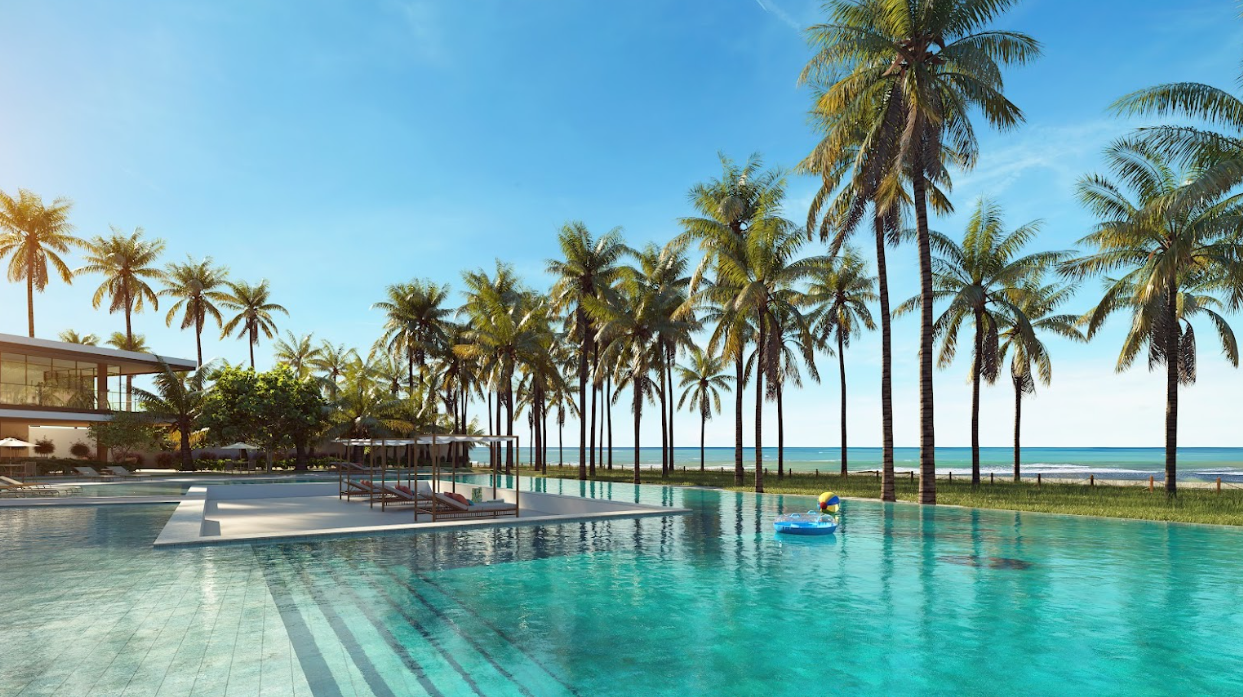Piscina com vista para a praia e Beach Club