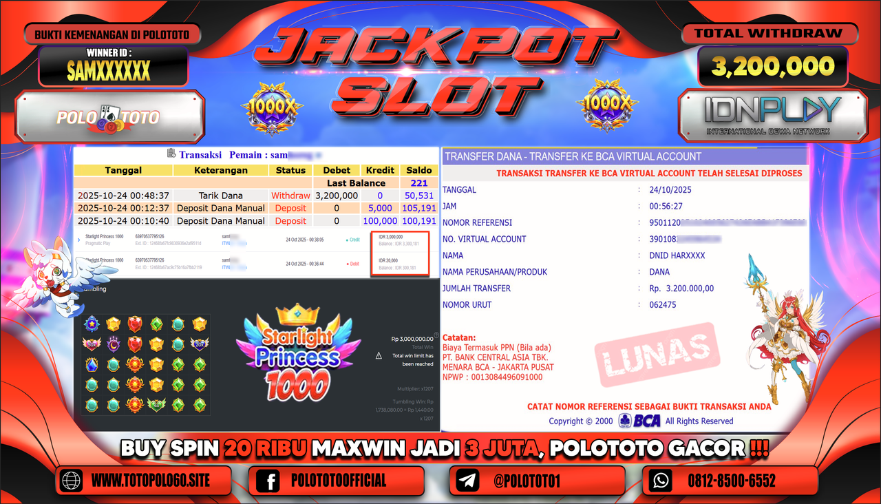 POLOTOTO JACKPOT SLOT STARLIGHT PRINCESS 1000 Rp.3.200.000,- LUNAS