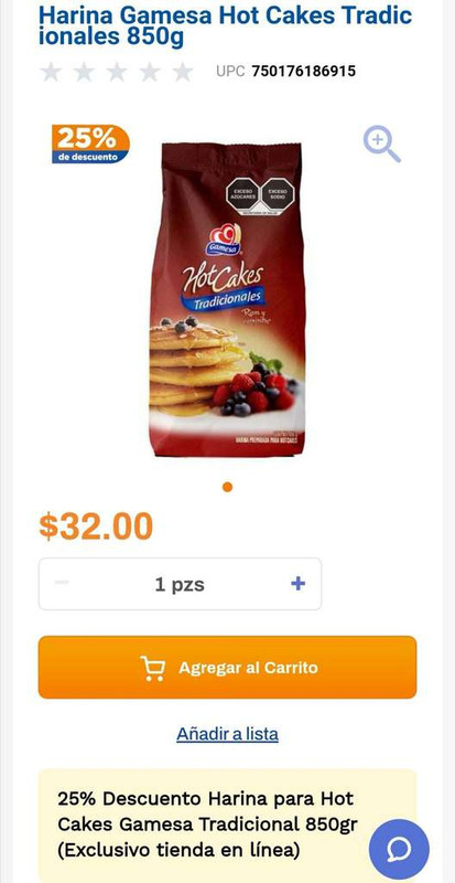 Chedraui: 25% de descuento en Harina para Hot Cakes Gamesa Tradicional 850g 
