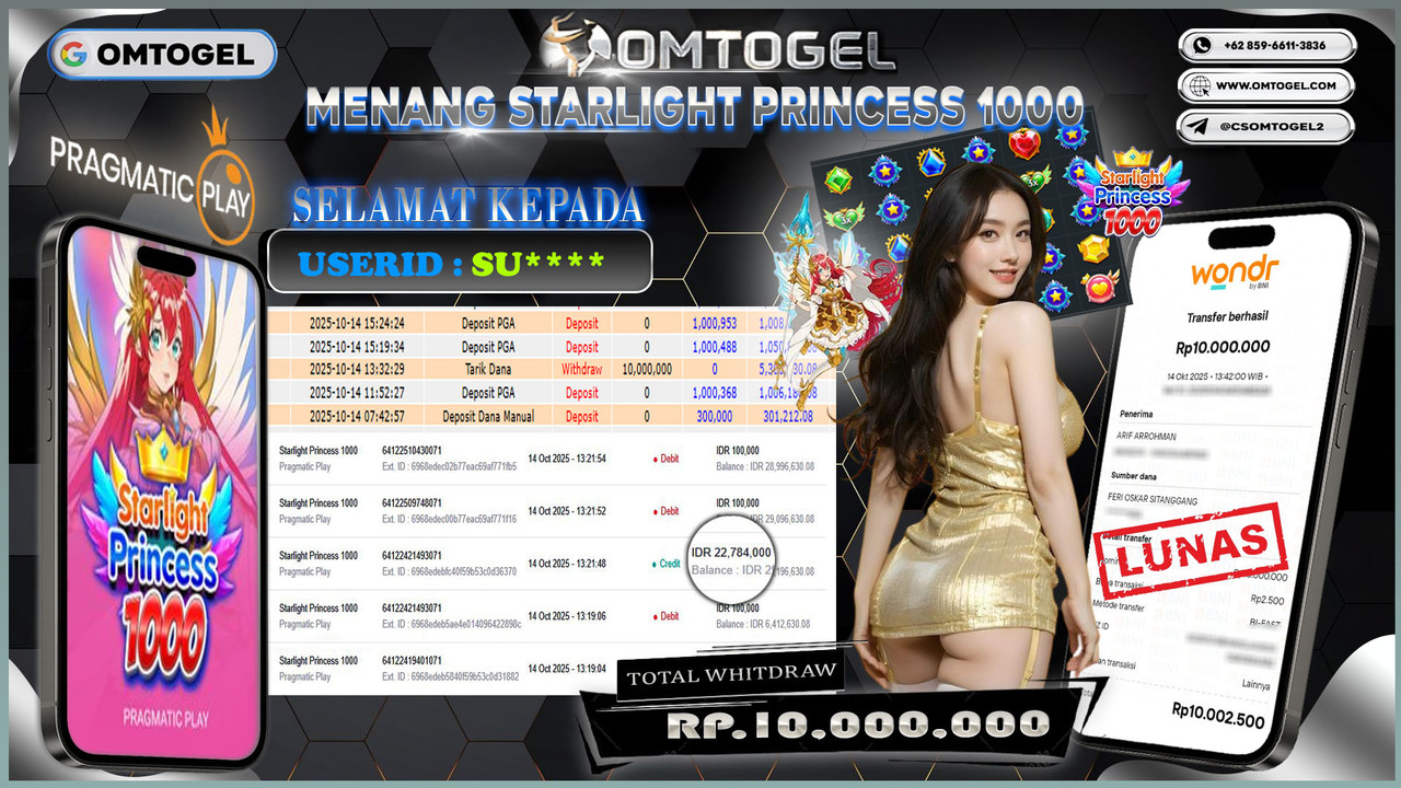OMTOGEL JACKPOT PRAGMATIC PLAY STARLIGHT PRINCESS 1000 10 JUTA DI BAYAR LUNAS ,-