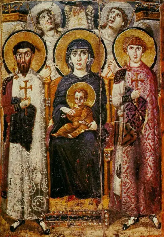 A photo of the piece being discussed in this passage: Theotokos and Child Between Saints Theodore and George