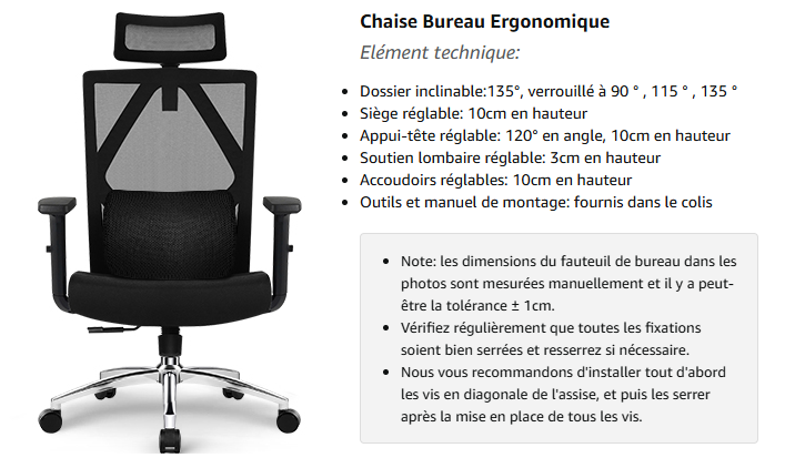 Fauteuil De Bureau Ergonomique SKYRIC – Inclinable, Charge 200 Kg – Tissu Noir – Neuf