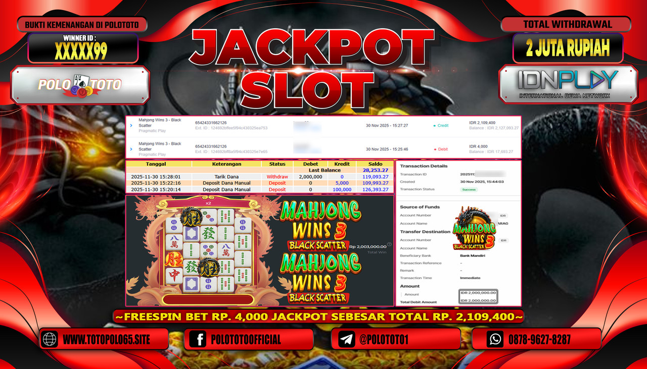 POLOTOTO JACKPOT SLOT MAHJONG WINS 3 - BLACK SCATTER Rp.2.000.000,- LUNAS