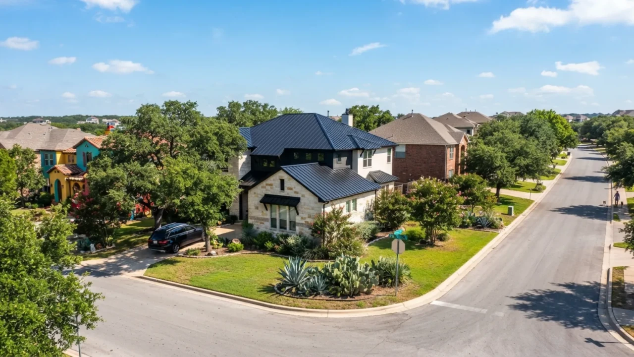 San Antonio residential neighborhood with black metal roof home among other homes on a sunny day