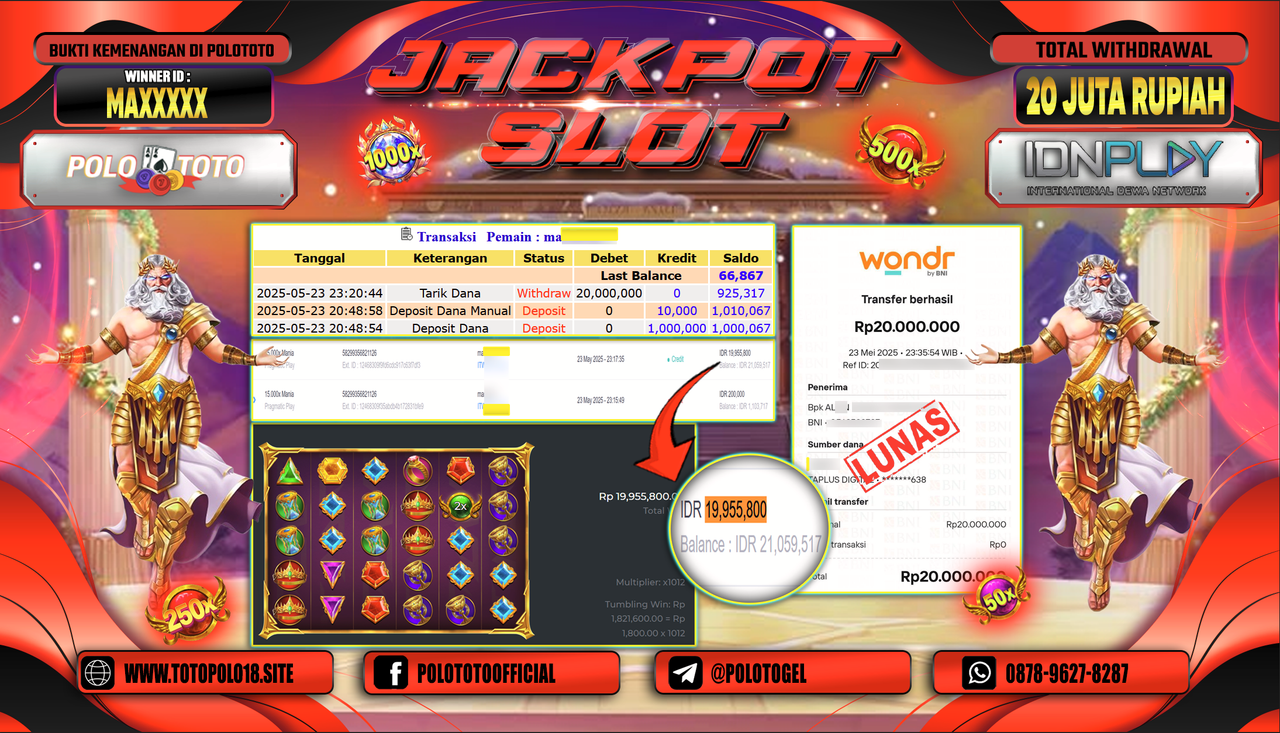POLOTOTO JACKPOT SLOT 15.000X MANIA Rp.20.000.000,-