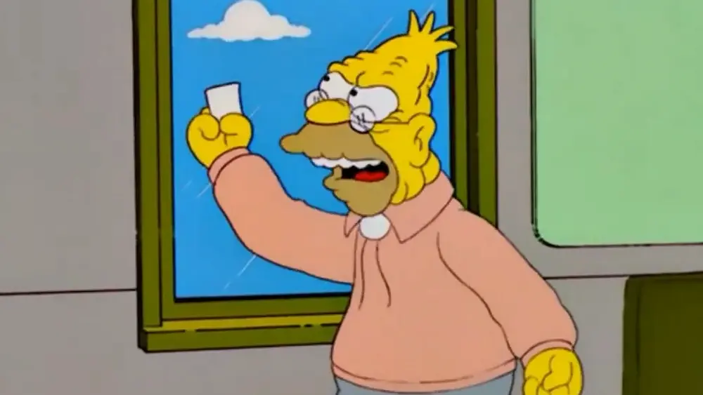 Screenshot of the Simpsons, the scene where Abraham yells at a cloud.