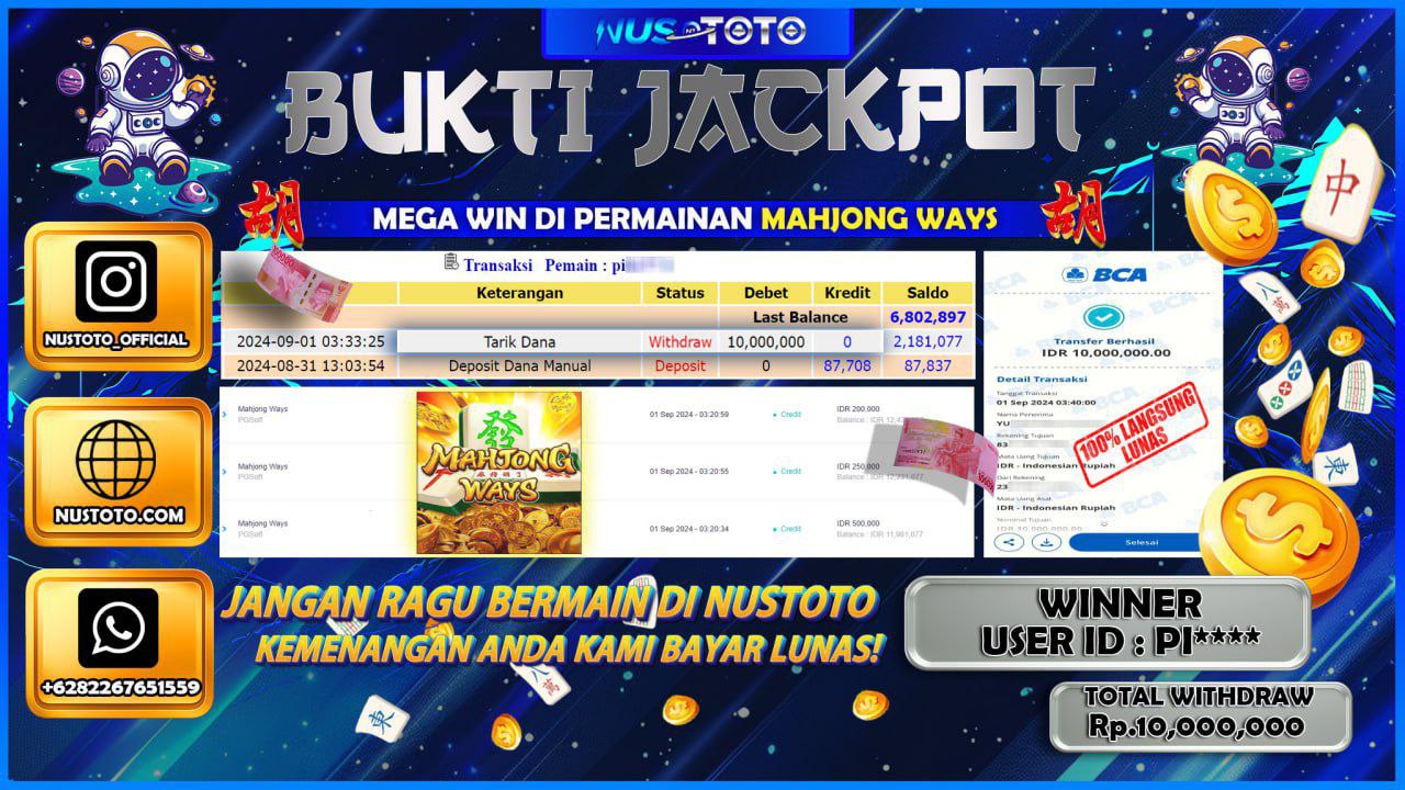 JACKPOT !! MENANG BESAR DI MAHJONG WAYS SENILAI Rp. 10.000.000 LANGSUNG DI BAYAR LUNAS NUSTOTO !!