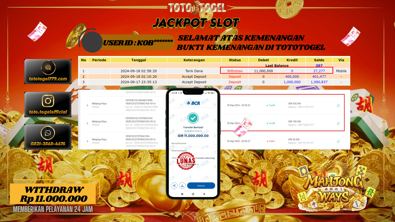 Bukti Kemenangan Permainan Slot Mahjong Ways  Dengan ID : KOB****** Terbayar Lunas!!