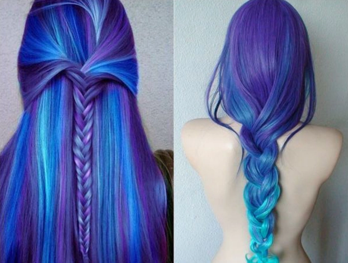 Shades of blue and violet and a classic fishtail braid on long hair