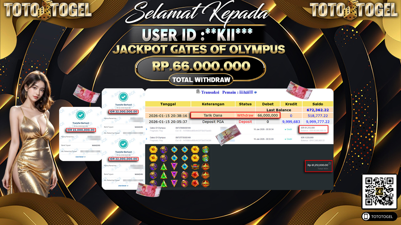Bukti Pembayaran Jackpot Permainan Slot Gates Of Olympus ID:**KII***LUNAS