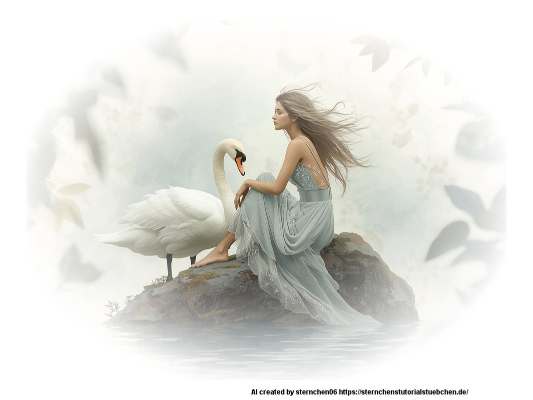 woman sitting on a stone with swan by her side, aquarellpainting (3)