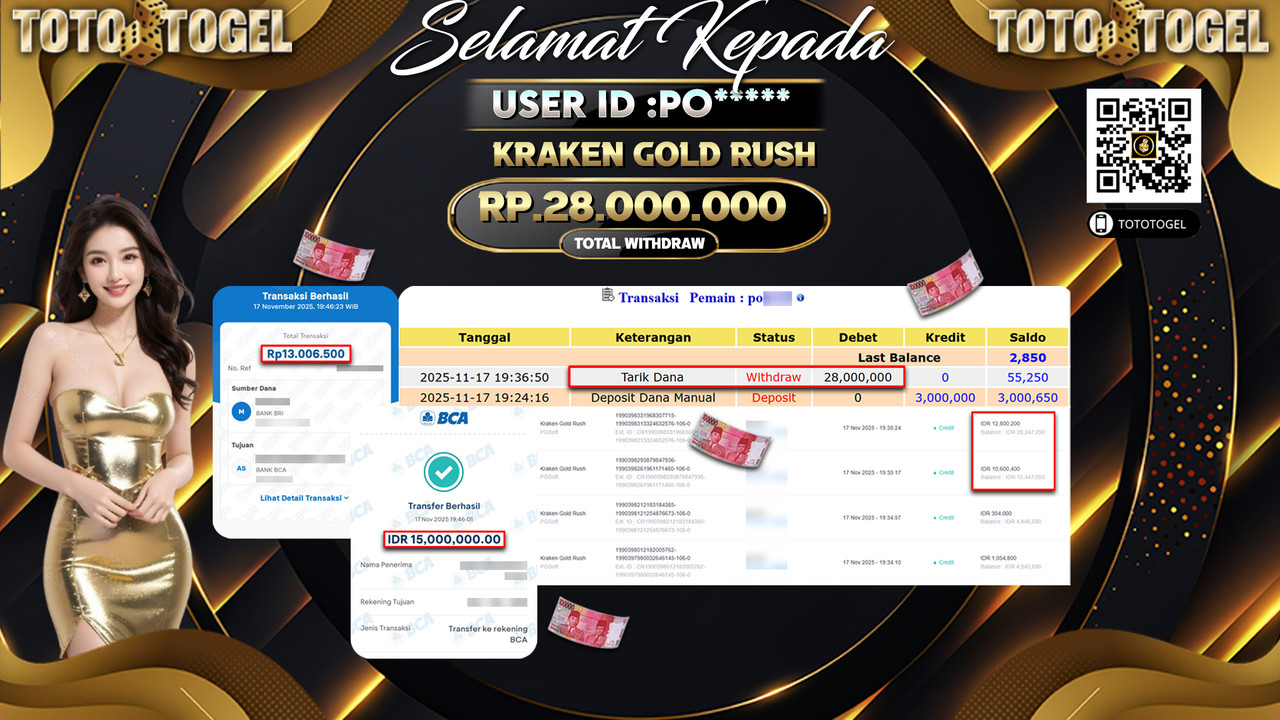 Bukti Pembayaran Jackpot Permainan Slot Kraken Gold Rush ID:PO***** LUNAS