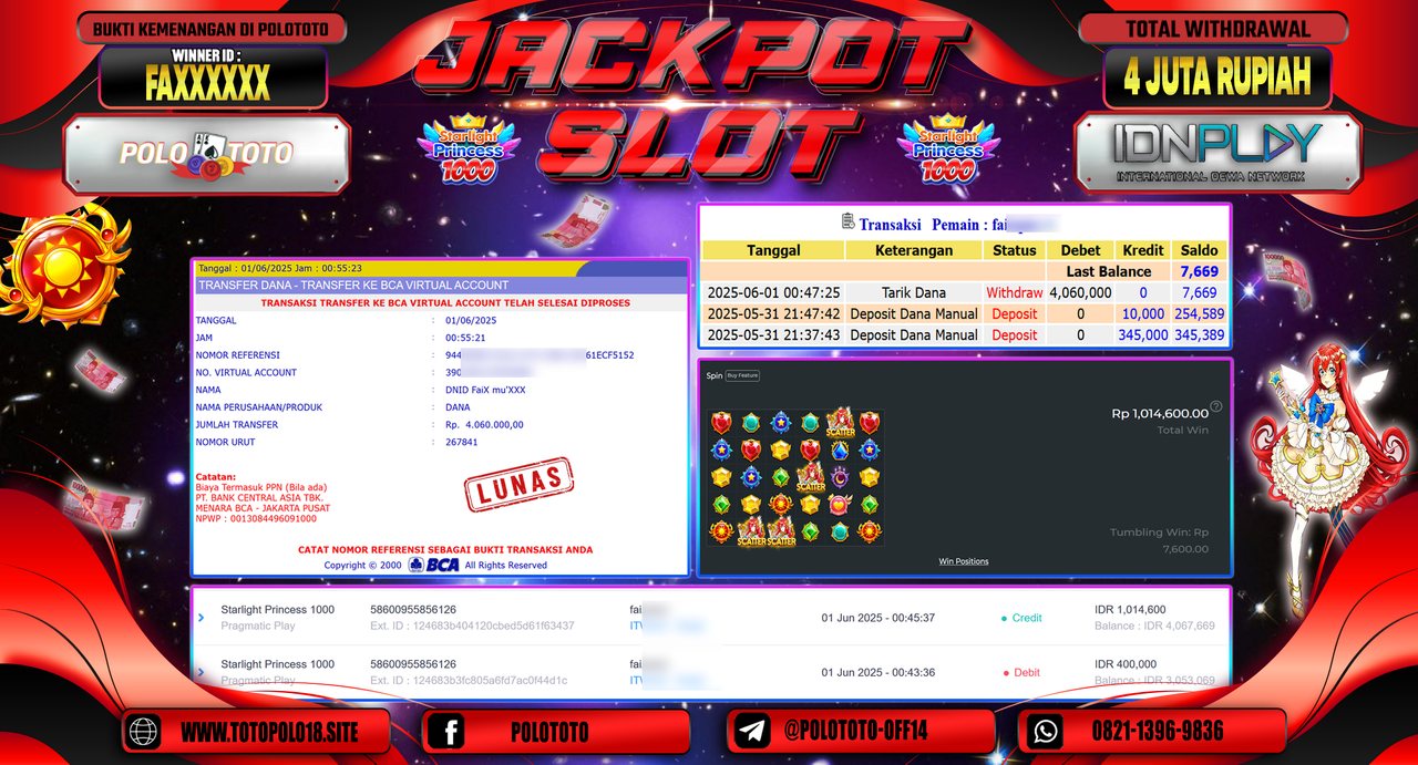 POLOTOTO JACKPOT SLOT STARLIGHT PRINCESS 1000 Rp.4.060.000,-