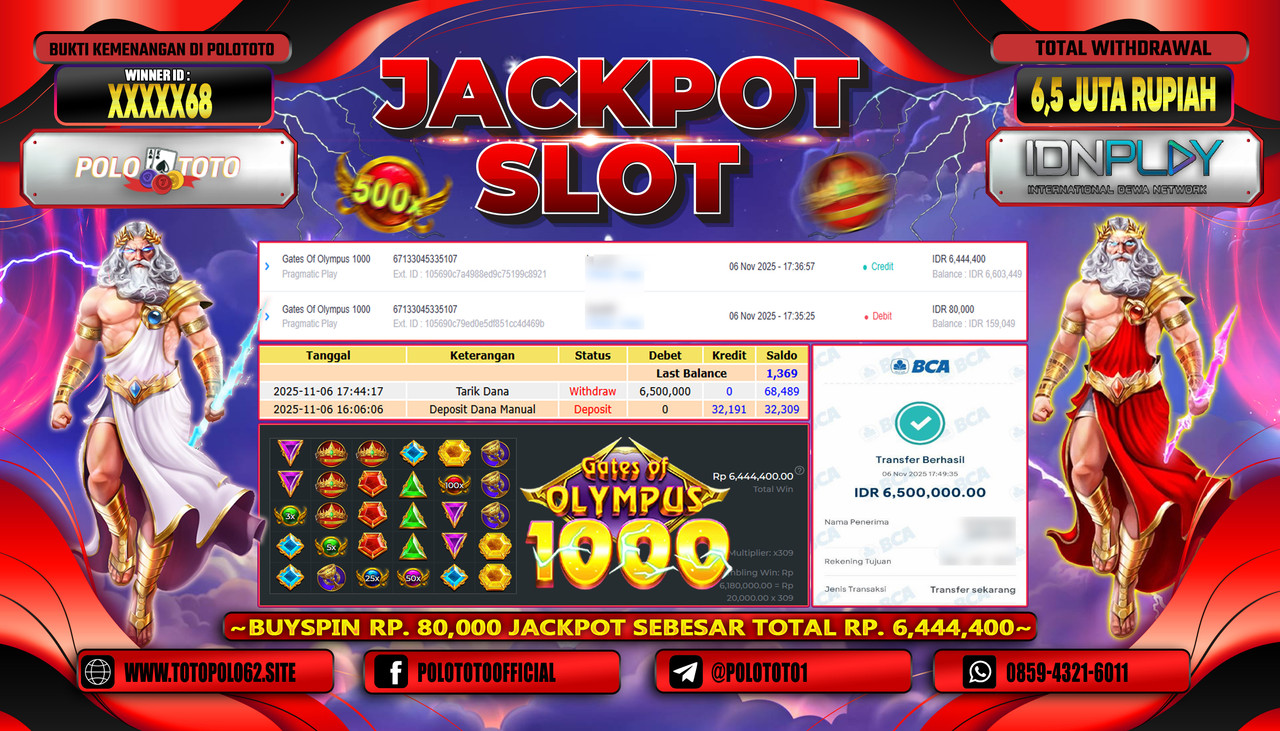 POLOTOTO JACKPOT SLOT GATES OF OLYMPUS 1000 Rp.6.500.000,- LUNAS