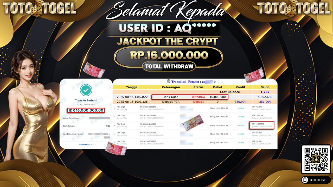 Bukti Pembayaran Jackpot Permainan Slot No Limit City - The Crypt ID:AQ***** LUNAS