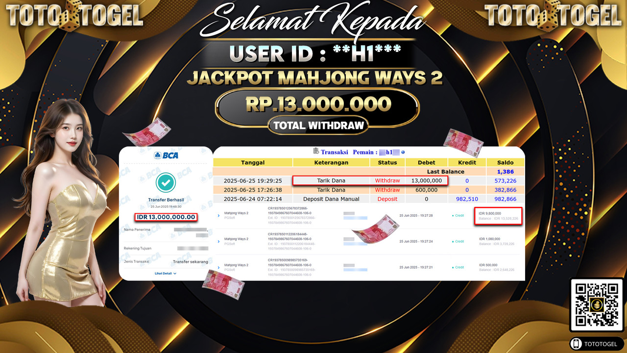Bukti Pembayaran Jackpot Permainan Slot Mahjong Ways 2 ID:**H1*** LUNAS