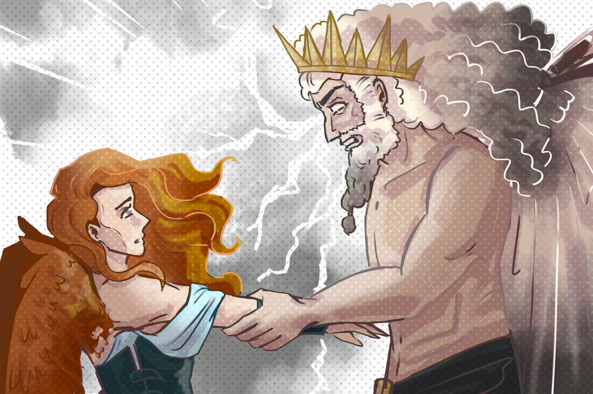 Zeus gripping Athena's arm, eyes white, lightning building behind them as she looks at him in fear