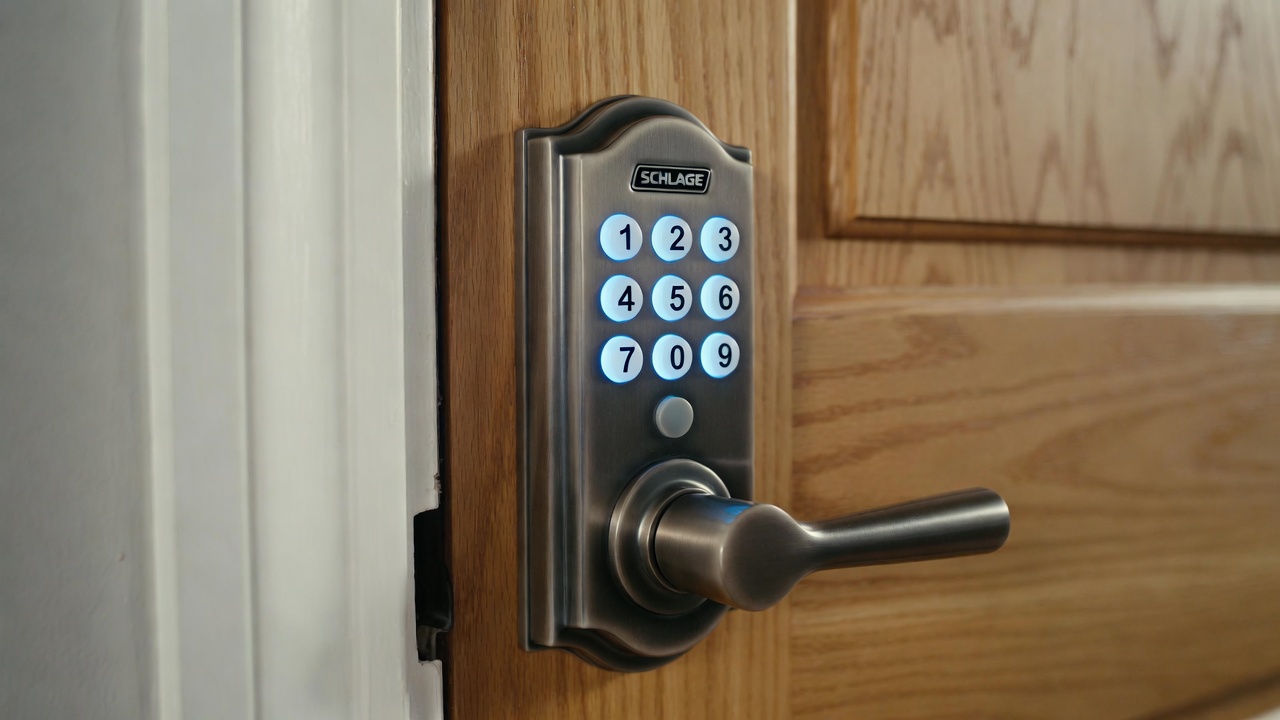 Schlage Encode Plus smart lock with backlit keypad and satin nickel finish
