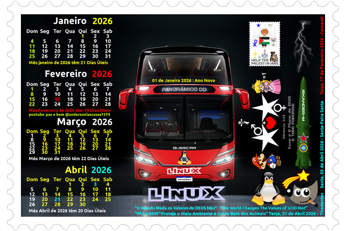 Busscar DD Panoramico NB1 Frontal Calendarios JFMA 2026 Linux Cel Celular Horiz Extra Photo Promo Gi
