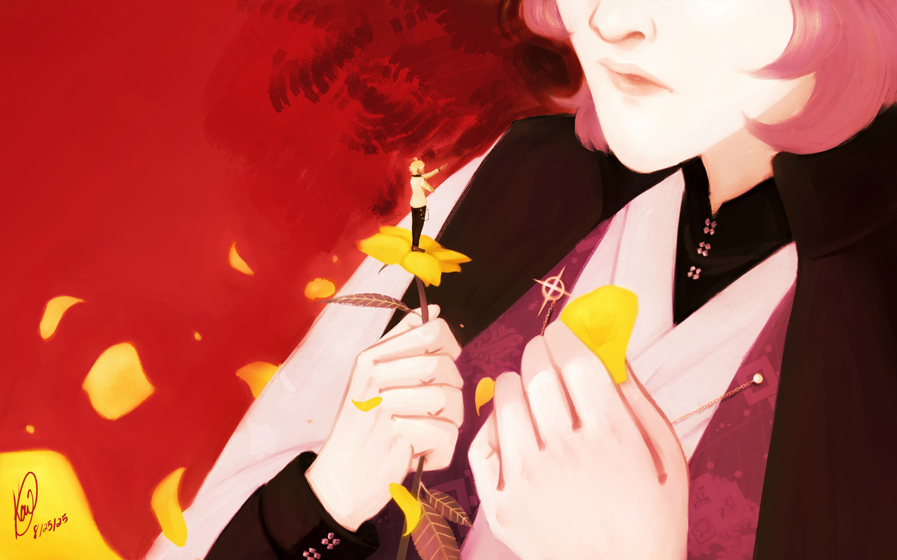 An illustration featuring Izanami Hifumi/Yumeno Gentaro (Hypnosis Mic). Gentaro is pulling off the petals of a yellow rose, and as the rose loses more and more petals, it reveals Hifumi standing in the center of the rose. He offers a hand to Gentaro. The top of Gentaro's face is cut off, but his lips are twitching. His expression is up to interpretation. The background is a messy red.