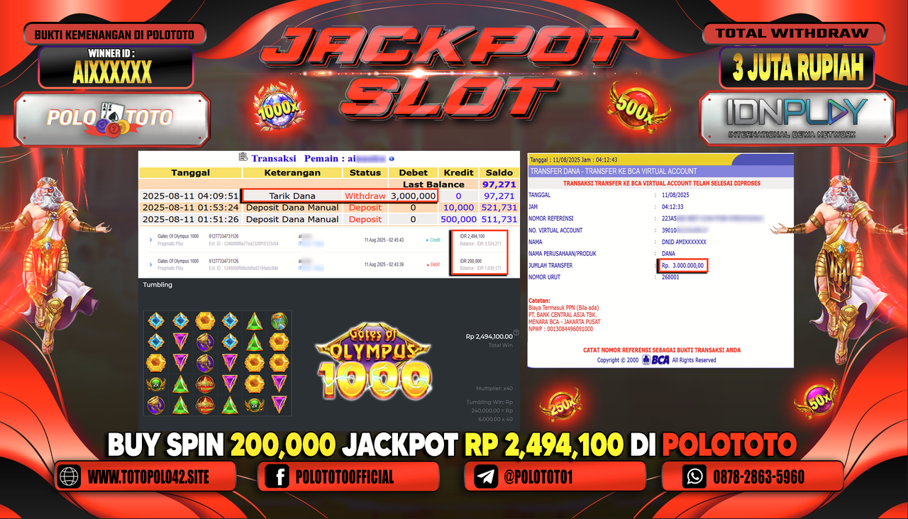 POLOTOTO JACKPOT SLOT GATES OF OLYMPUS 1000 Rp..3.000.000,-LUNAS