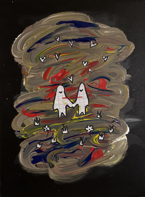 me // Our World, 2024 // graphing paper, embroidery thread, and acrylic on canvas