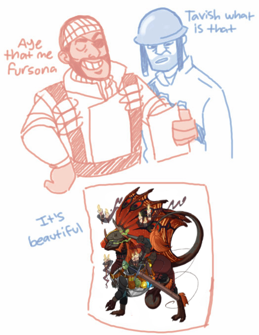 an edited comic of RED demoman and BLU soldier. in the first panel, RED demoman is smiling proudly and holding a piece of paper. BLU soldier asks 'Tavish, what is that?' and Demoman replies 'Aye, that me fursona.' The second panel is a close up of the paper showing my Demoman fandragon instead of the original drawing of a werewolf demoman, with an off-screen soldier remarking 'it's beautiful.'
