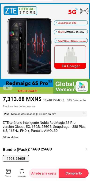 AliExpress: REDMAGIC 6S PRO 5G ( 16GB/256GB ) versión global 
