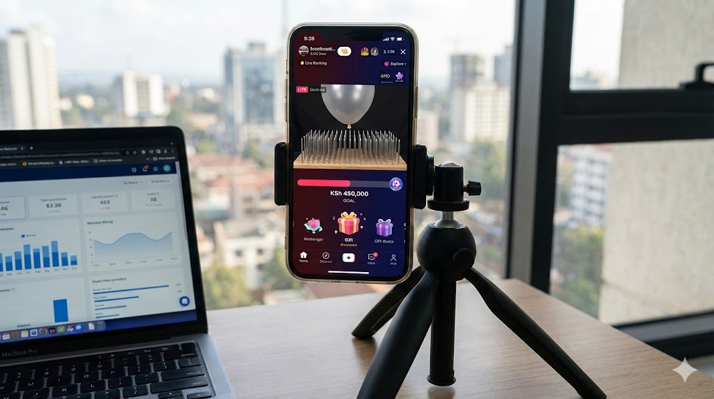 Phone on tripod streaming TikTok Live with progress bar and gifts overlay