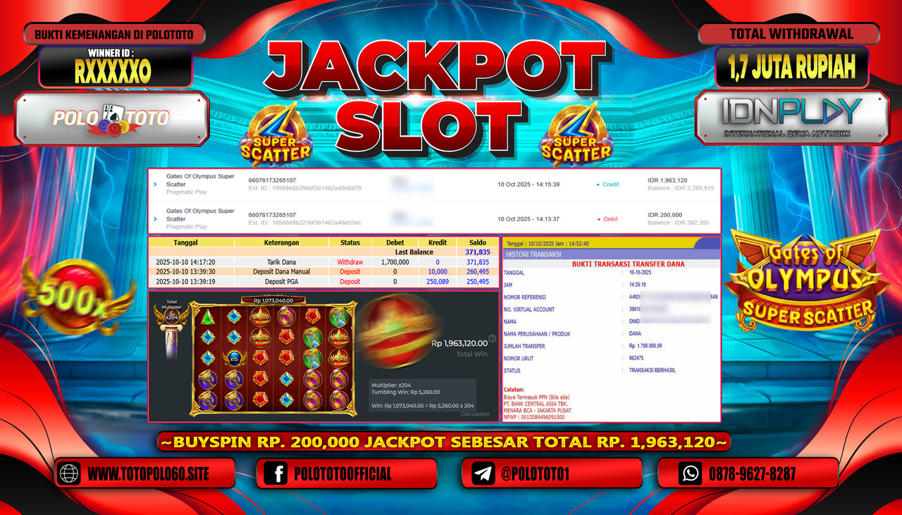 POLOTOTO JACKPOT SLOT GATES OF OLYMPUS SUPER SCATTER Rp1.700.000,- LUNAS