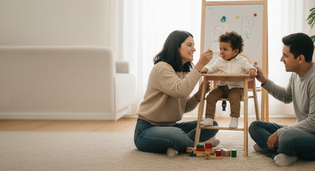 Fonoaudióloga en sesión a domicilio con un niño, usando láminas ilustradas en un ambiente luminoso.