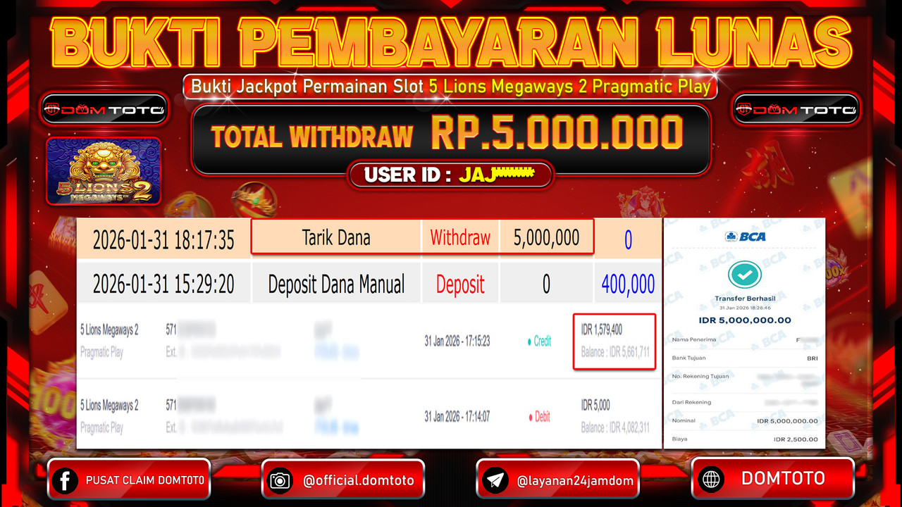 JACKPOT SLOT 5 Lions Megaways 2 Pragmatic Play 31 JANUARI 2026