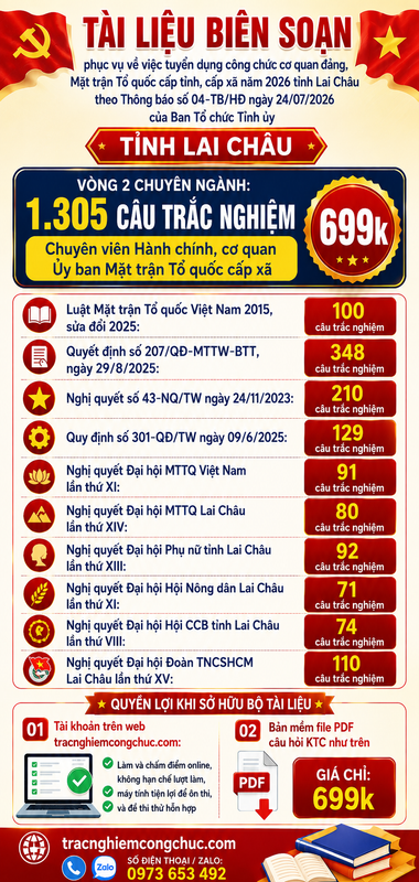 1.305 câu trắc nghiệm thi công chức Lai Châu: Chuyên viên Chuyên viên Hành chính, cơ quan Ủy ban Mặt trận Tổ quốc cấp xã (Vòng 2)